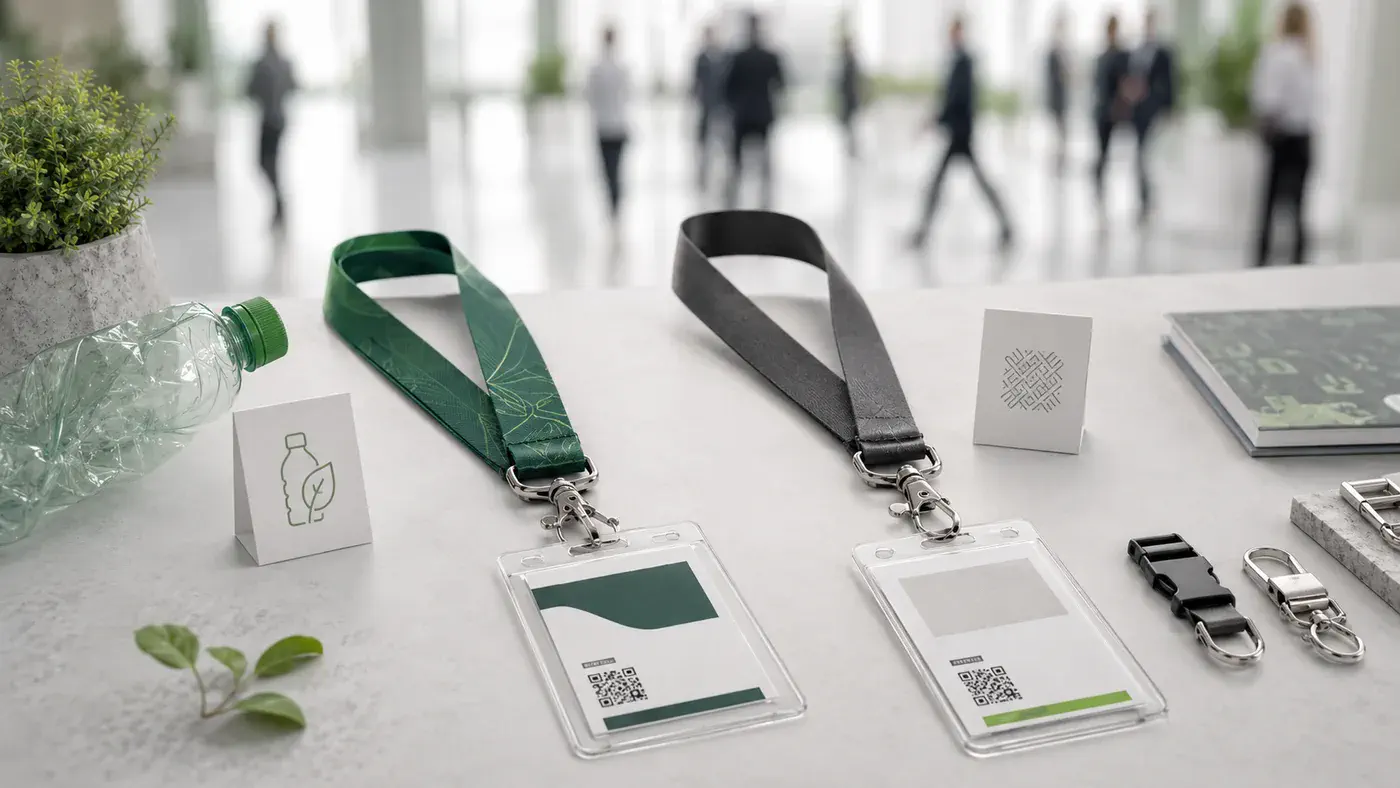 RPET and polyester lanyards compared side by side with conference badge holders and hardware