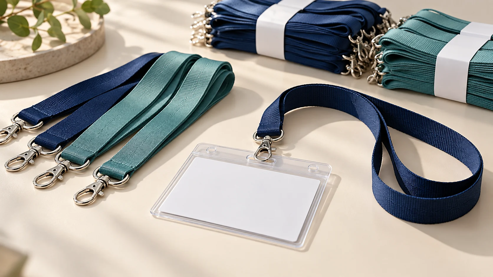 Illustrative bulk lanyard and transparent badge-holder kits arranged beside grouped packs