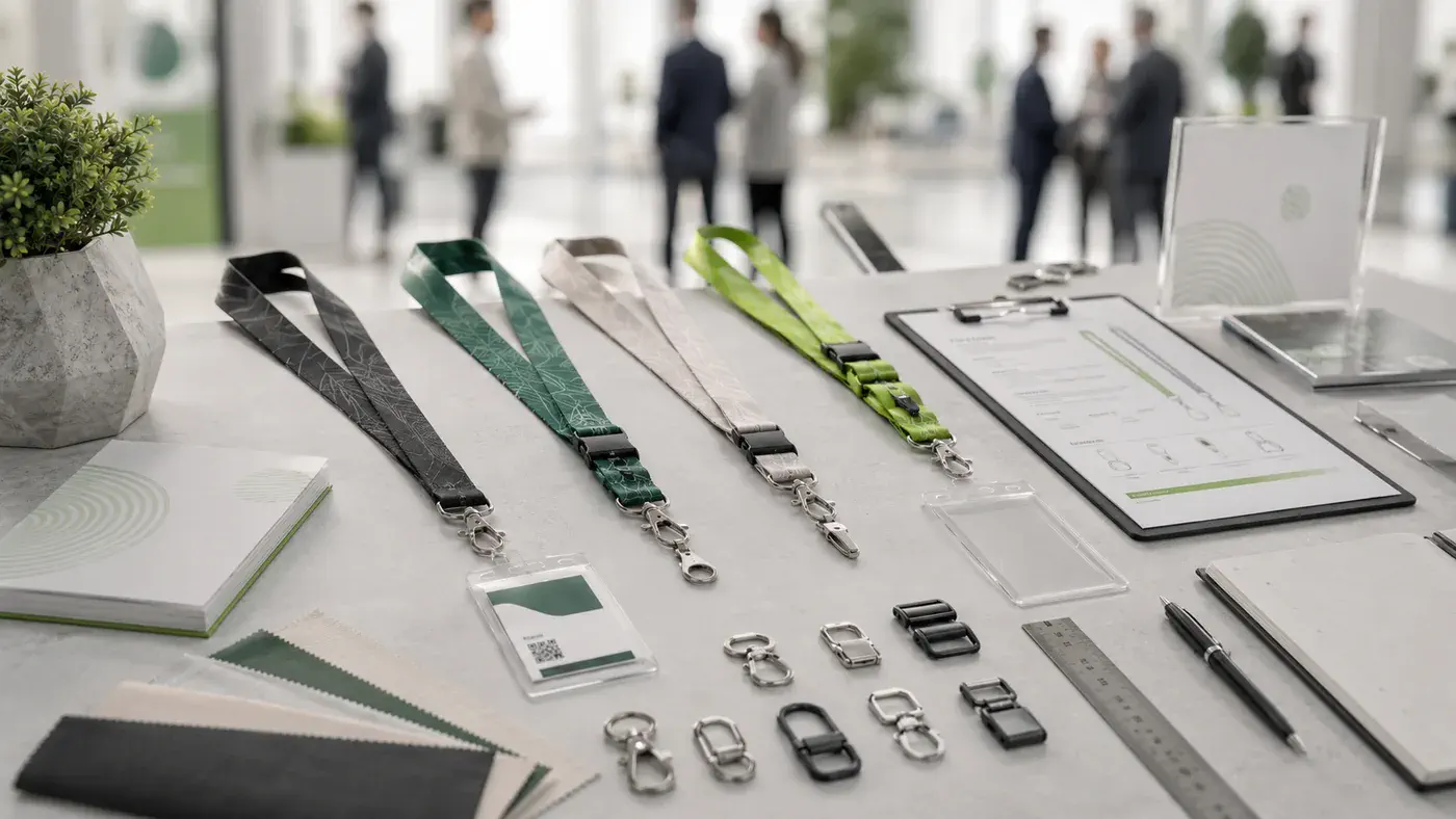 Bulk custom event lanyard samples, hardware and specification sheet prepared for a B2B quotation