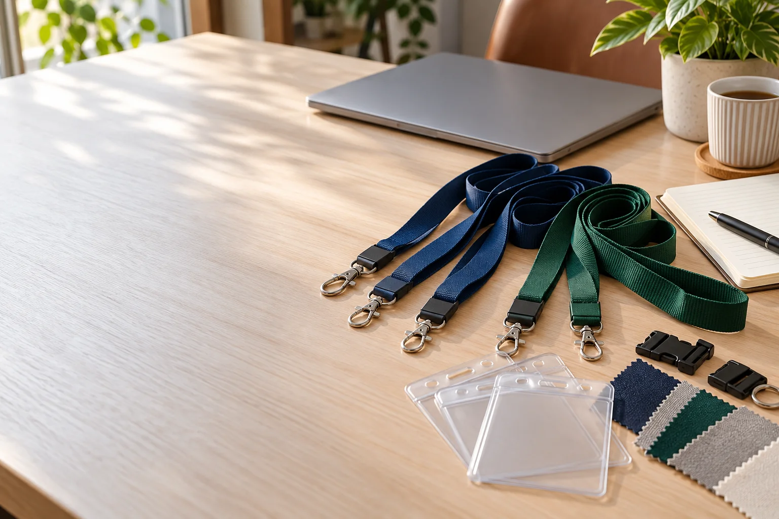 Custom lanyards, badge holders and materials laid out for advance order planning