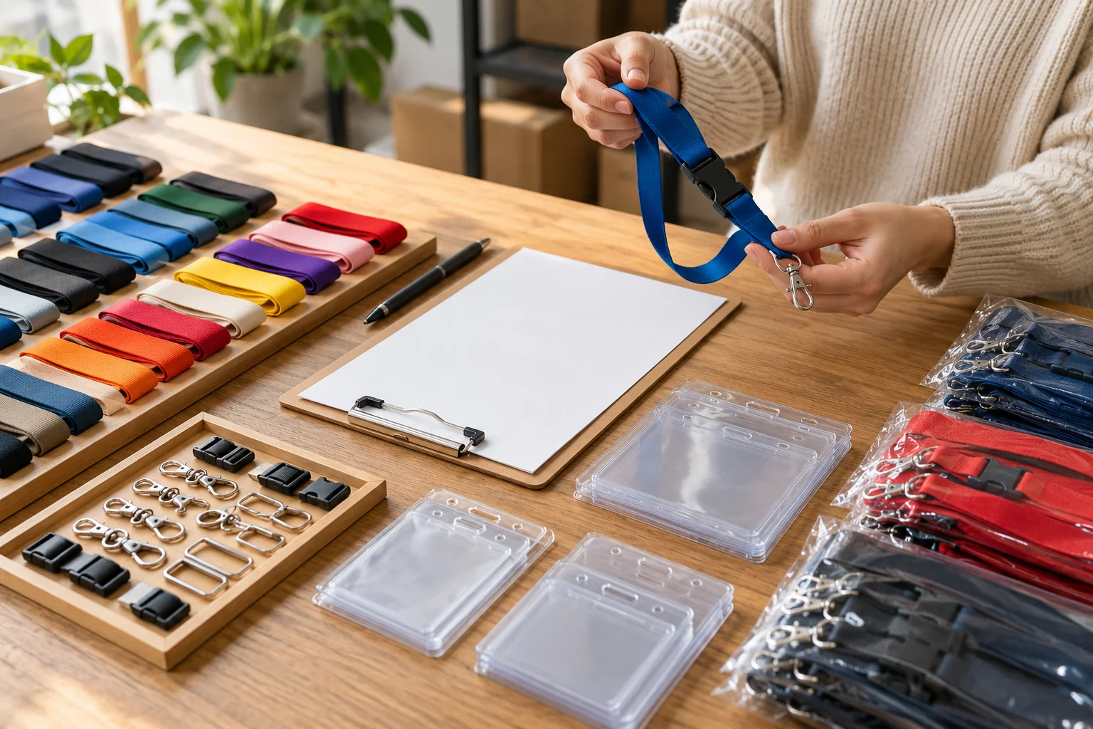 Lanyard samples, clips and badge holders organized for production handoff and restart planning