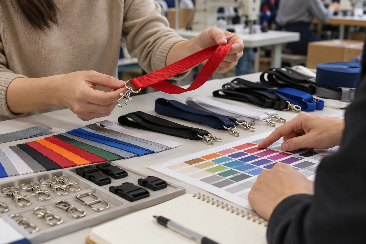 Hands review lanyard strap, clip hardware and color swatches before sample approval