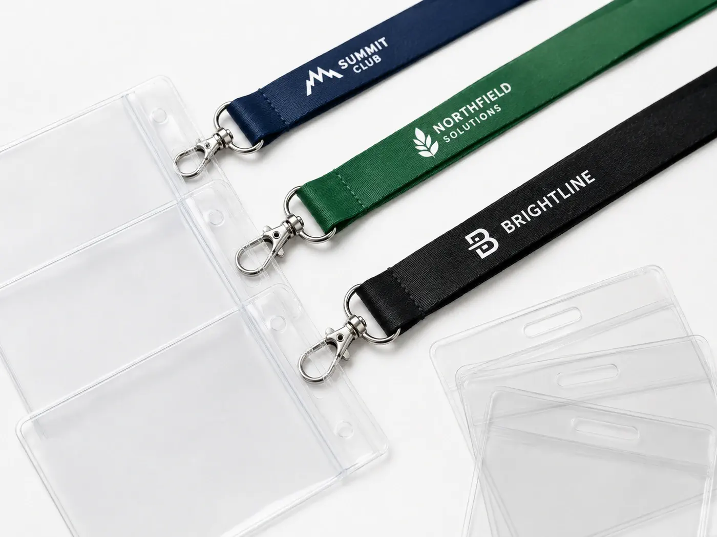 Custom conference lanyards with clear badge holders arranged for attendee credential planning