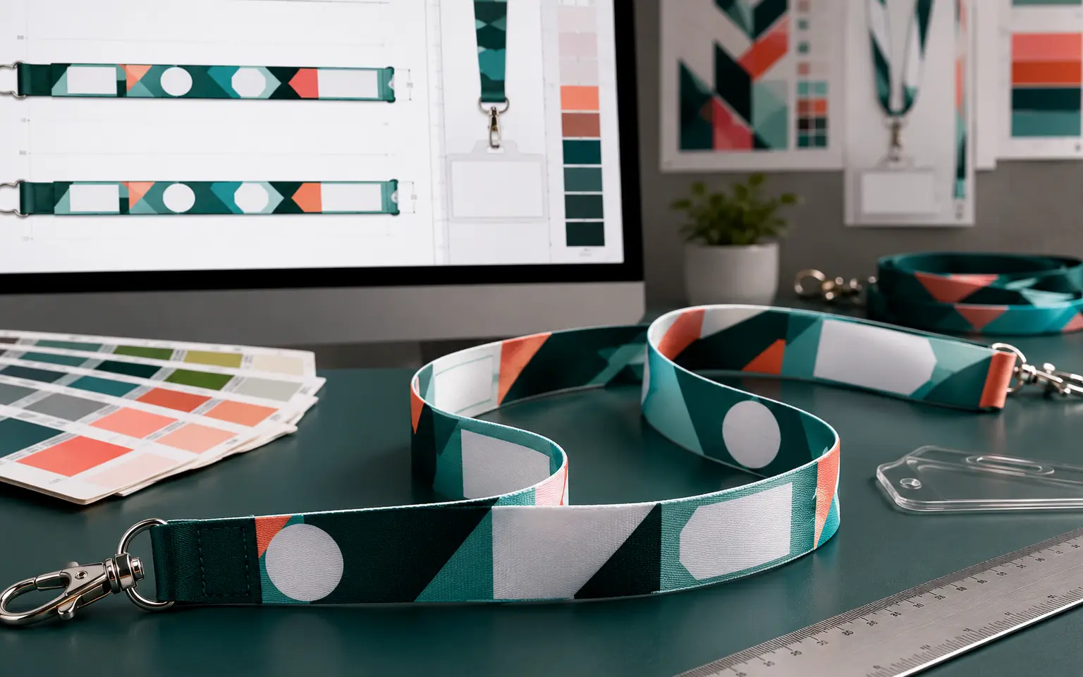 Custom conference sponsor lanyard artwork with blank geometric logo zones, color swatches, ruler and badge holder on a design-review desk