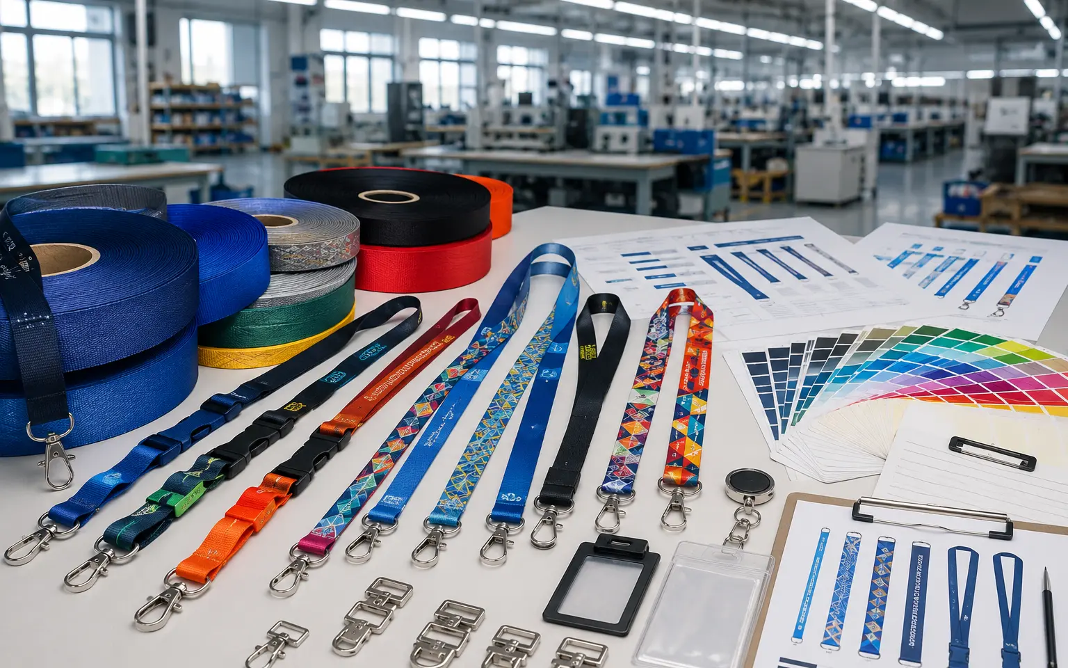 Custom lanyard materials, hardware, color swatches and production specifications in a factory-direct development workspace