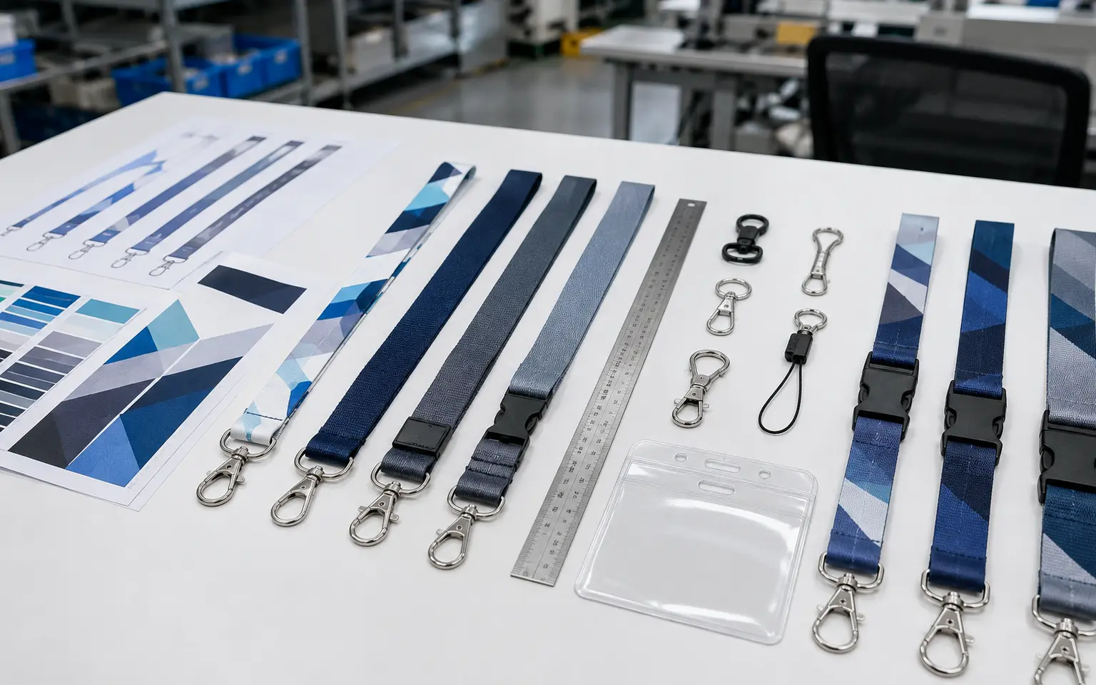 Custom lanyard artwork, webbing samples, hardware and badge holder arranged to show sample-development stages