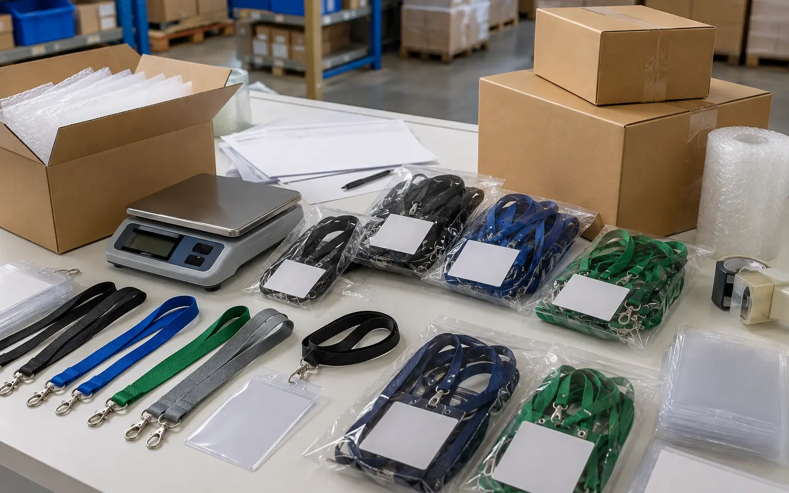 Finished custom lanyards and badge-holder kits being weighed, bagged and packed into export cartons