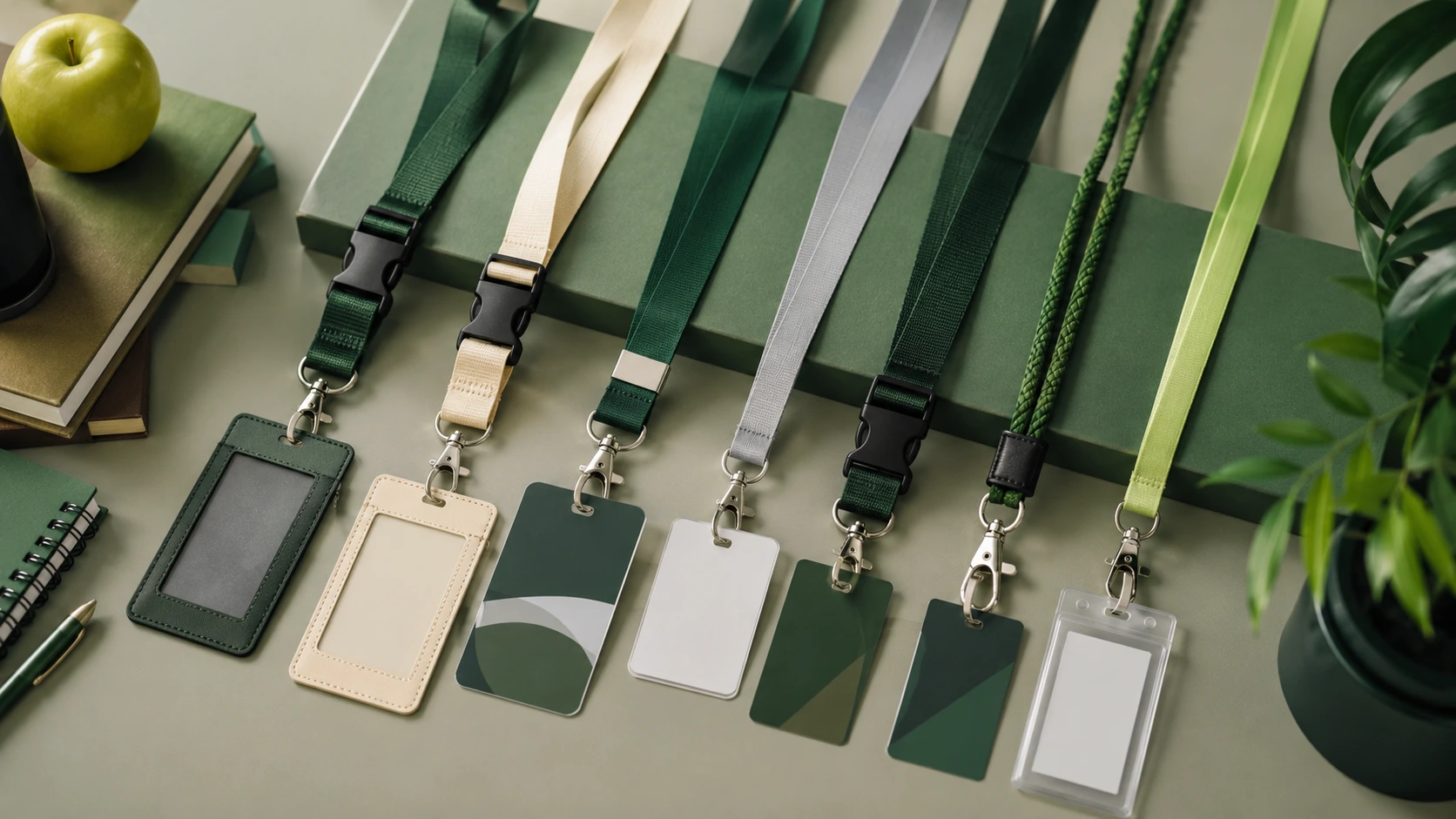 Custom branded lanyards displayed in a clean green and gray palette