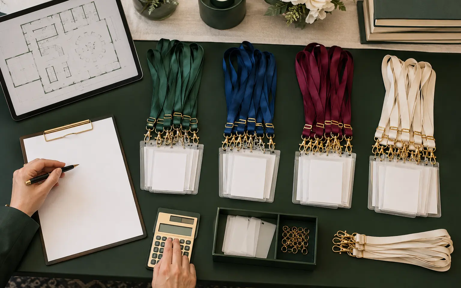 Event planner calculating grouped lanyards and blank badge-holder kits for attendees, staff, VIPs and operational spares