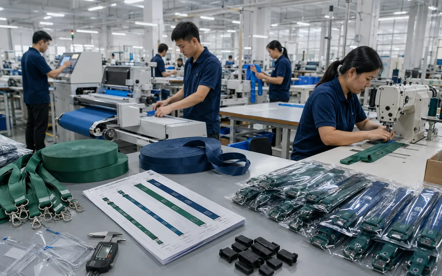 Source lanyard factory with custom webbing, hooks, badge holders, quality tools, finished packs and production workers