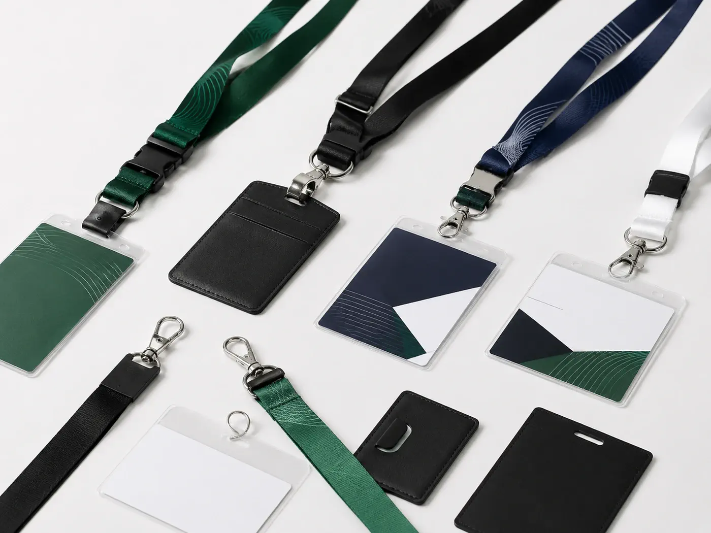 Trade show lanyards in different widths with badge holders and clip options on a professional display table