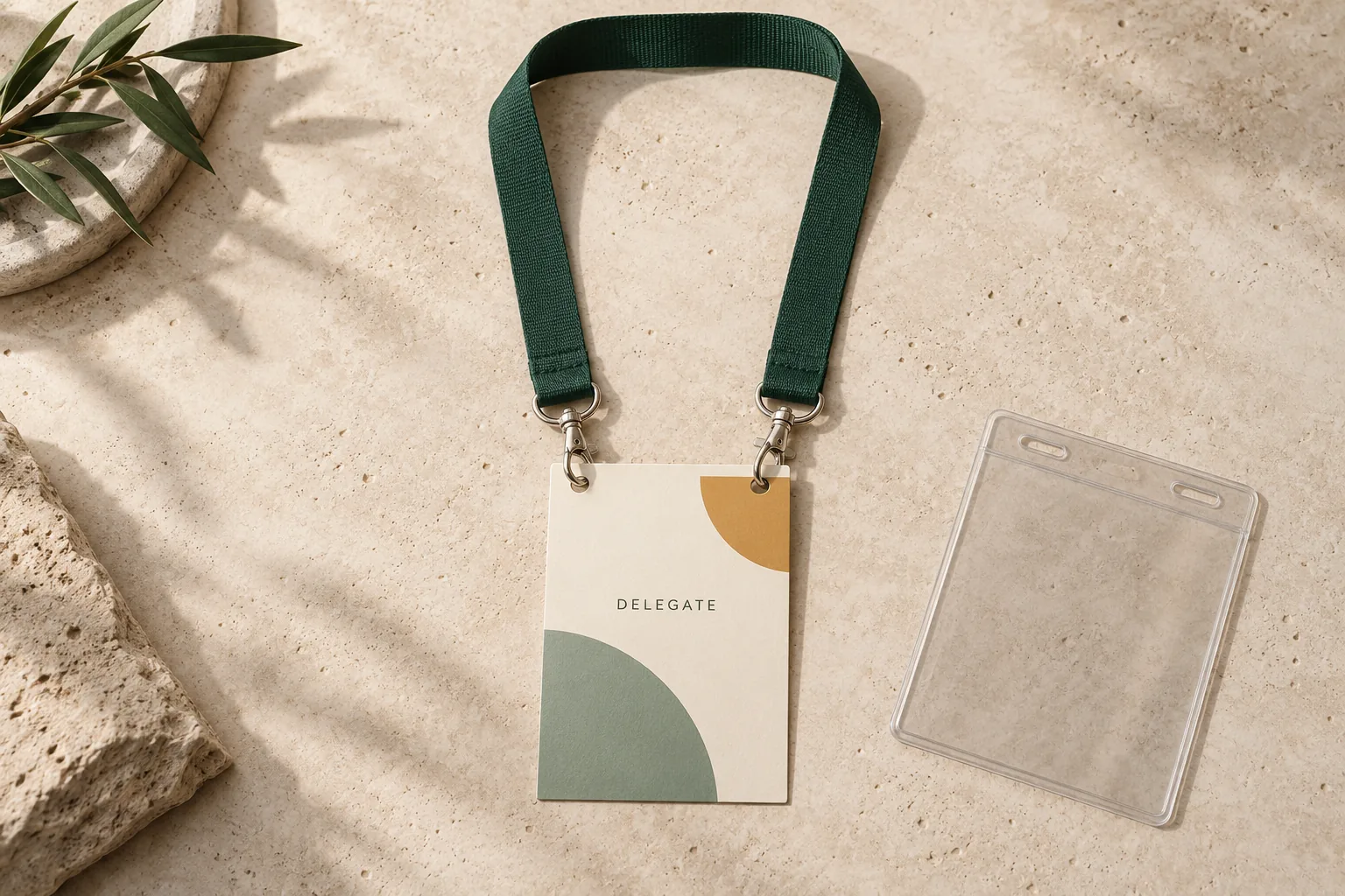 Illustration of a green double clip lanyard attached to two holes in a conference badge beside a clear holder