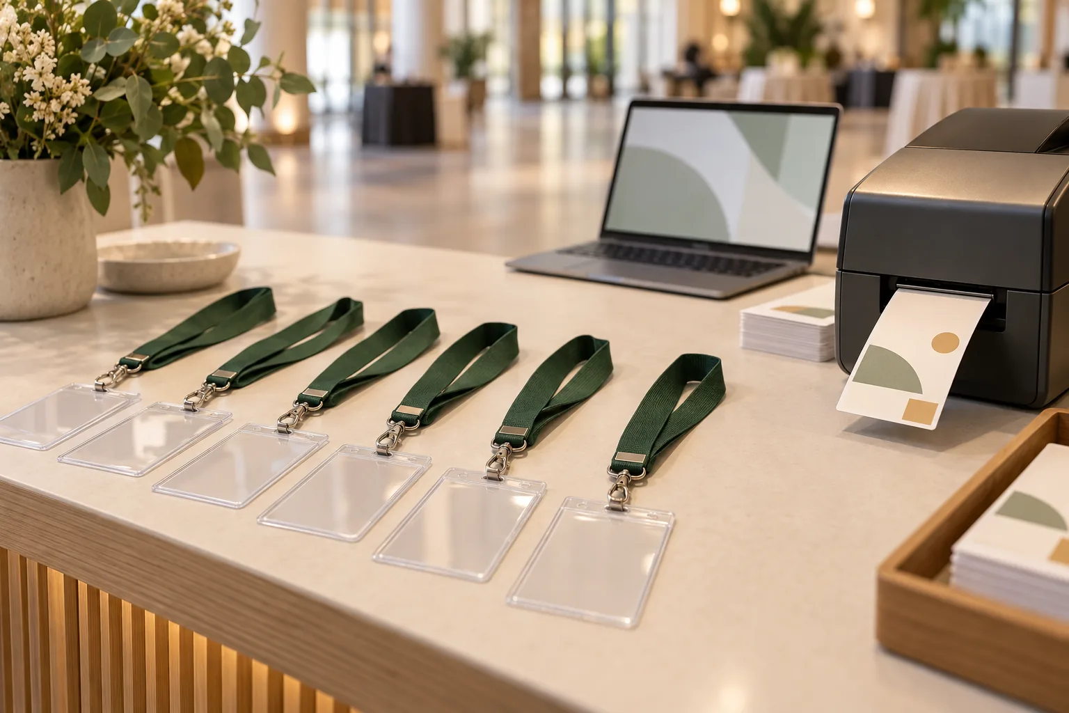 Illustrative conference check-in desk with green lanyards, empty clear badge holders and an unbranded badge printer