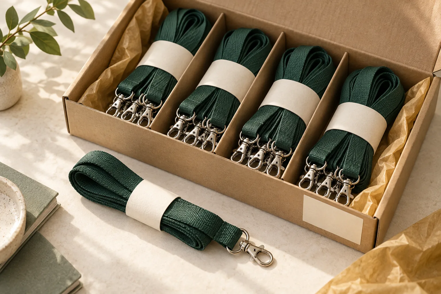 Illustration of folded green lanyard bundles with paper bands and aligned clips in a divided kraft carton