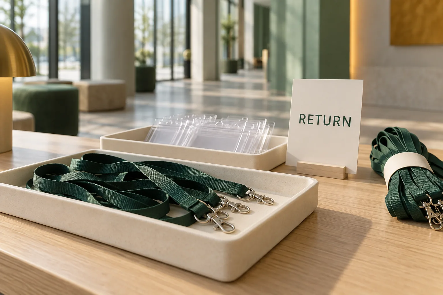 Illustration of an event return station with green lanyards and empty badge holders sorted into separate trays