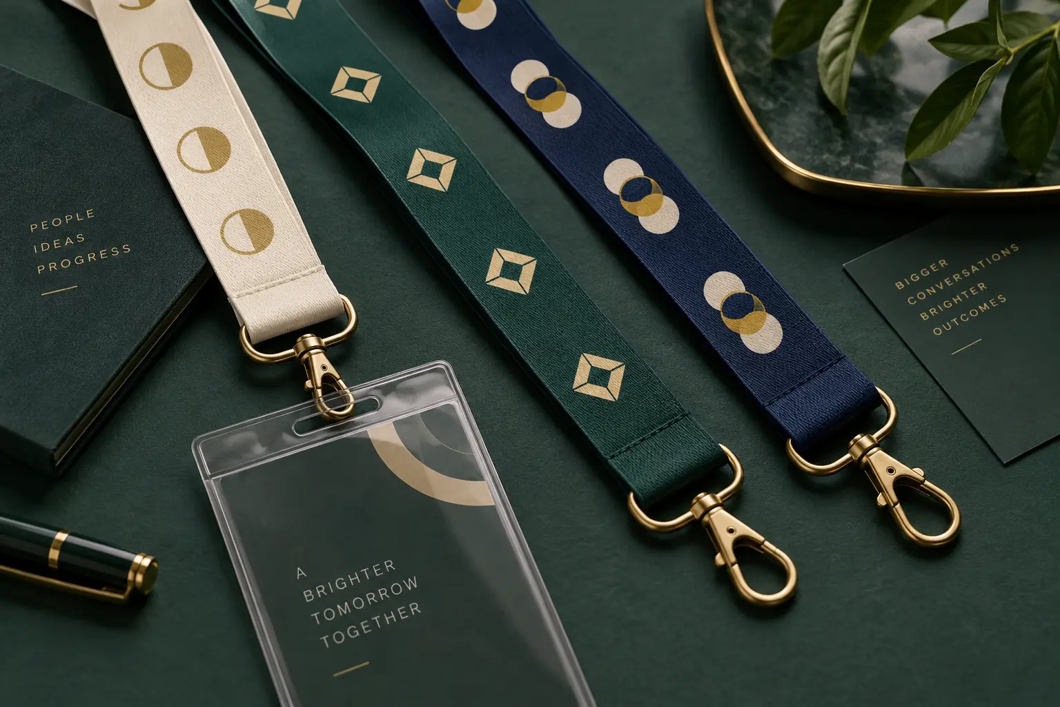 Premium custom lanyards with repeating abstract sponsor mark zones arranged on a dark green review table