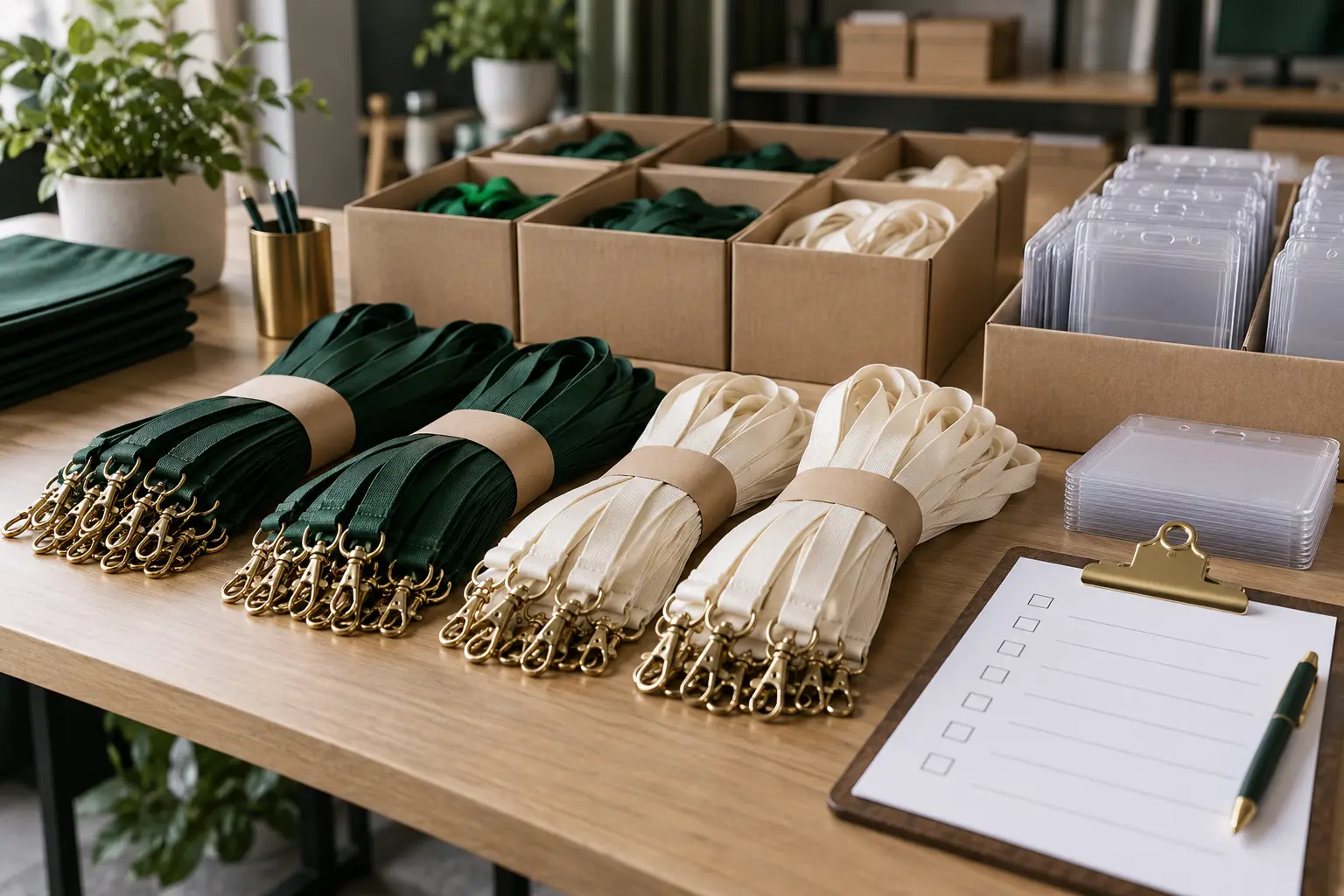Organized bundles of green and ivory conference lanyards with badge holders prepared for a 500-person event