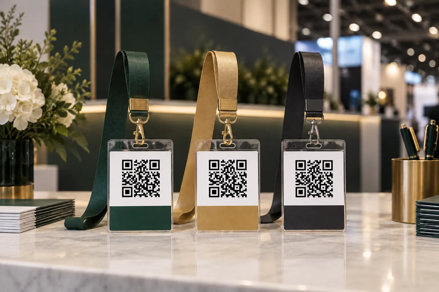 Three premium conference lanyards holding clear badge holders with large QR codes at an exhibition registration counter