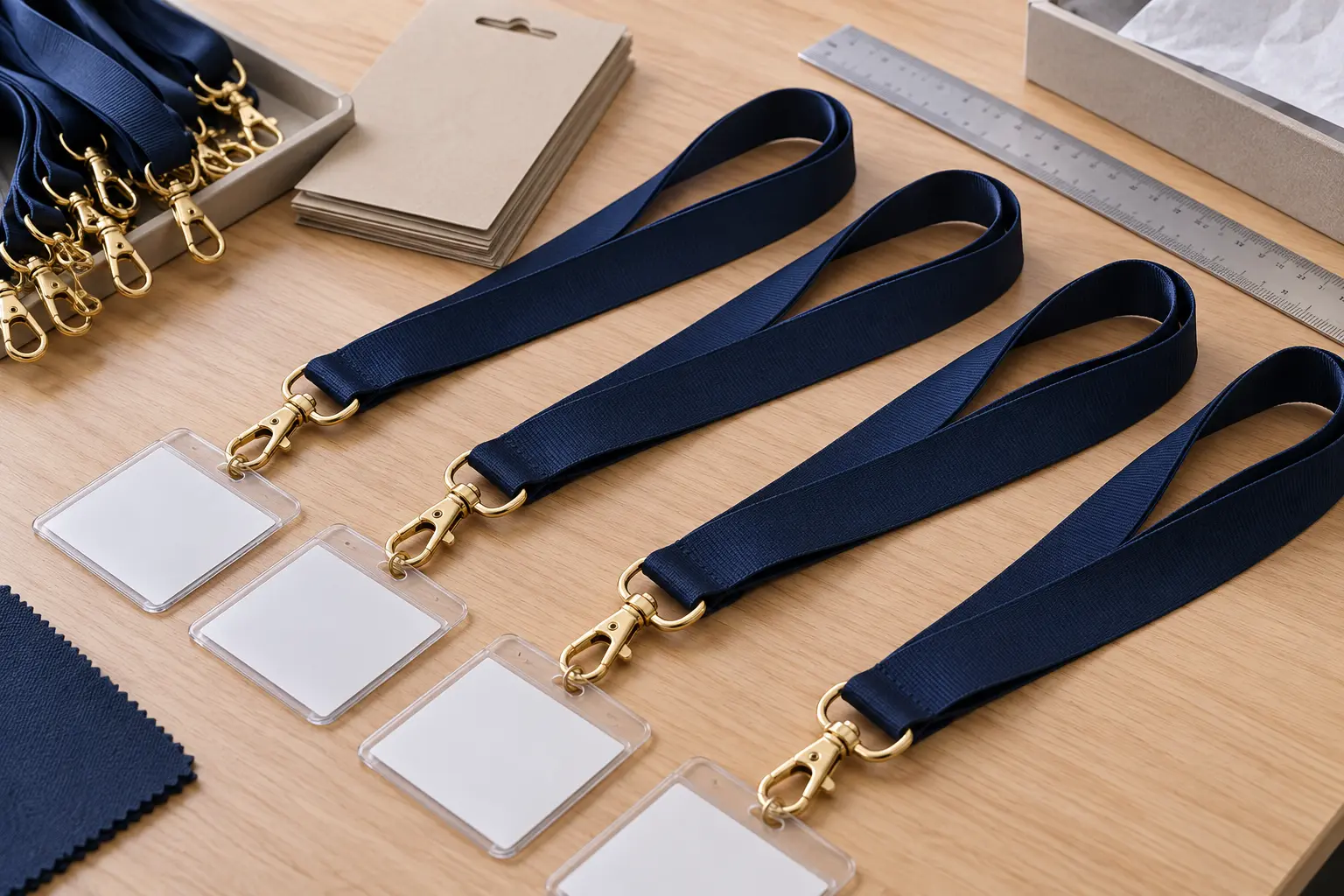 Illustrative event lanyards with gold-tone hardware arranged for a sample review