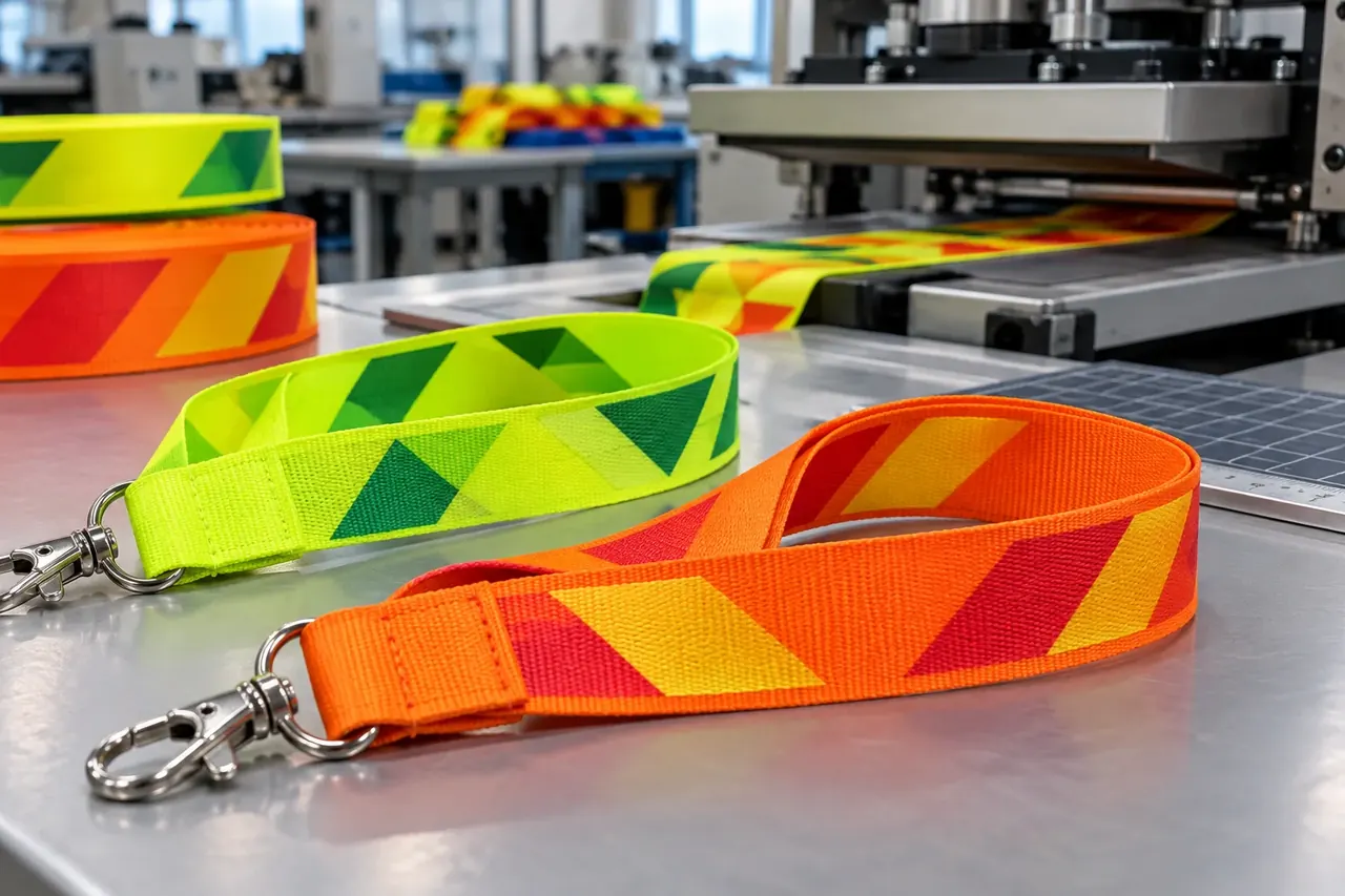 Illustrative fluorescent lime and orange custom lanyards beside a heat-transfer production press