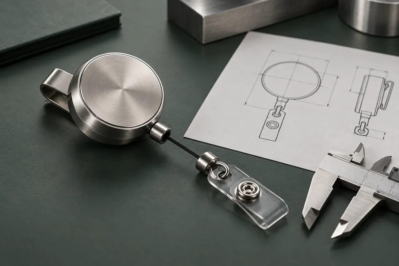 Illustrative brushed-metal badge reel prototype beside a dimension sketch and caliper