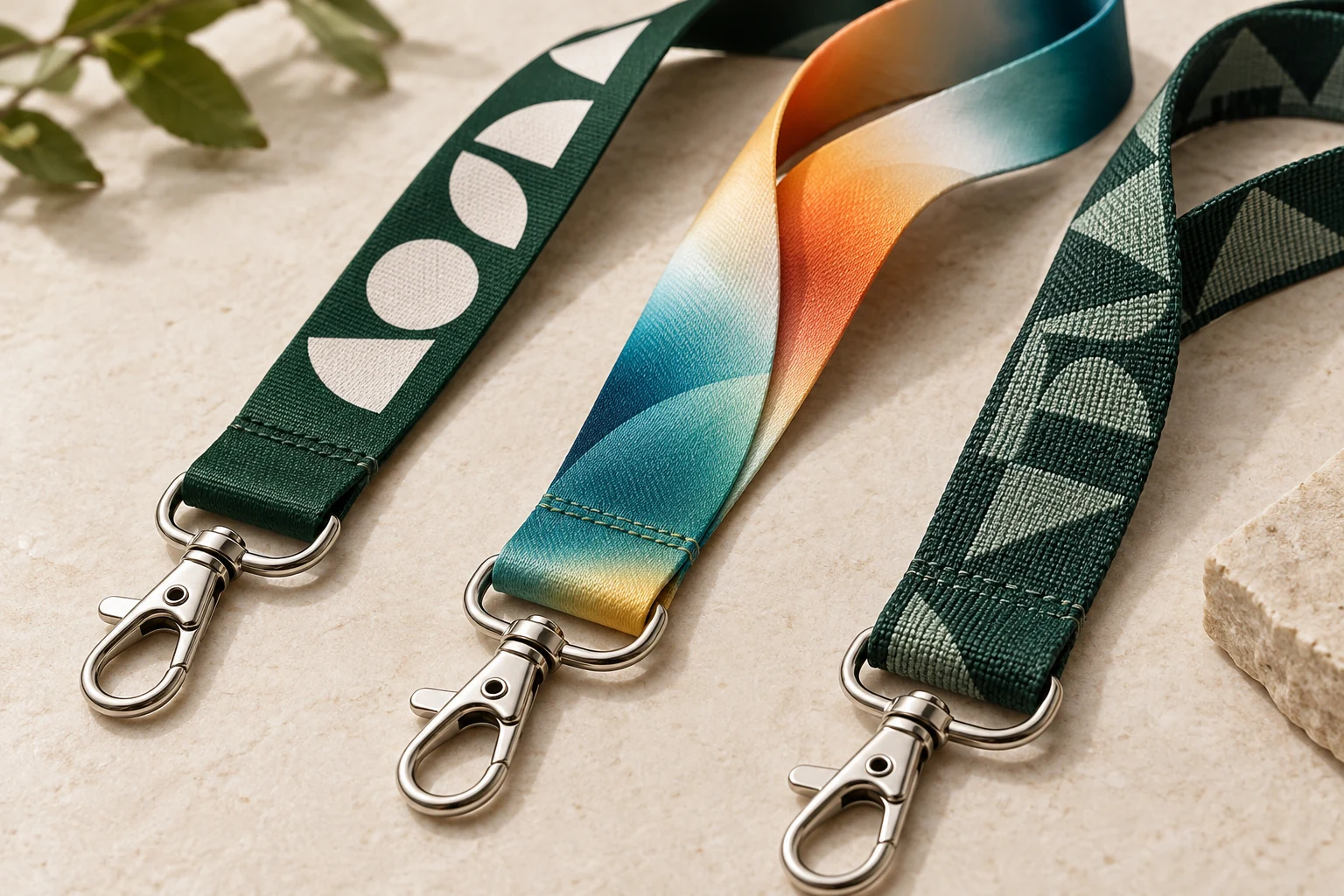 Illustrative close-up of simple screen-printed, gradient sublimated and woven-pattern lanyard finishes