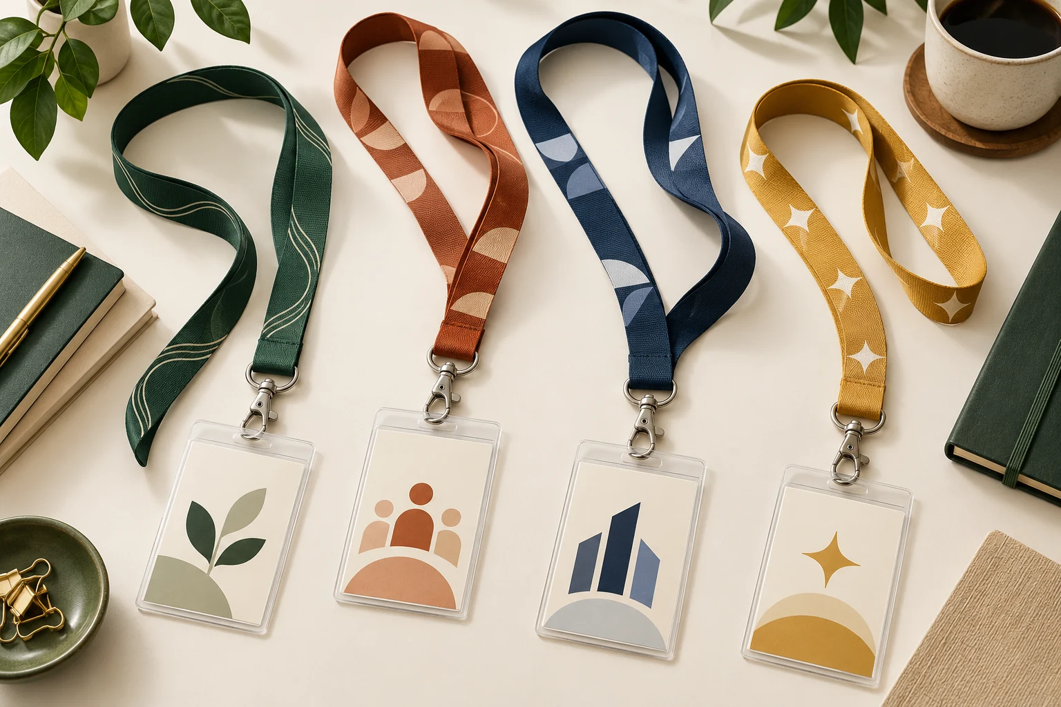 Illustrative branded lanyards with clear ID holders for workplace, visitor and event programs
