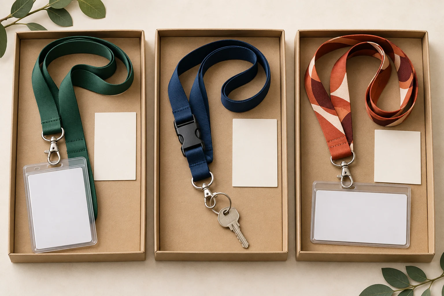 Illustrative distributor presentation of a vertical ID holder kit, detachable key lanyard and horizontal event badge kit