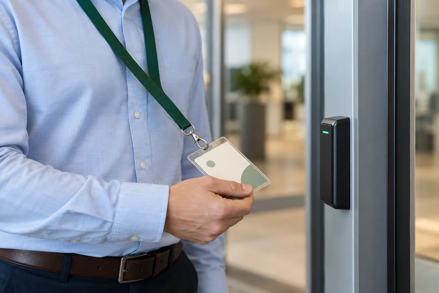 Illustrative office employee holding a lanyard-mounted ID badge near an access-card reader