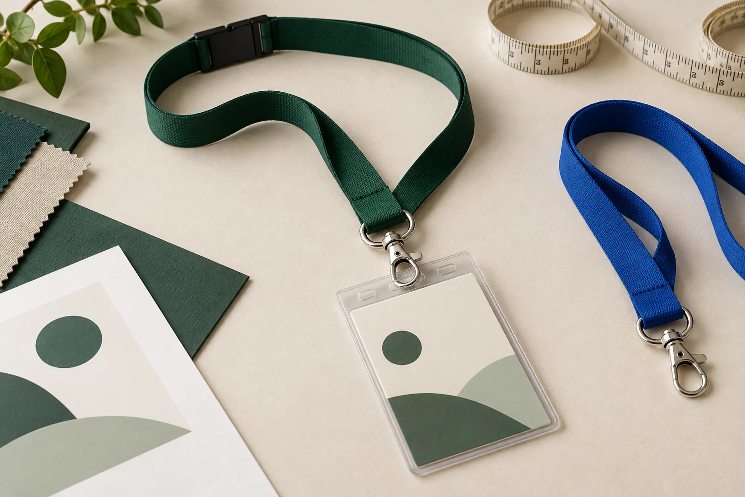 Illustrative assembled neck lanyard with a clear badge holder beside a strap-only sample and artwork proof