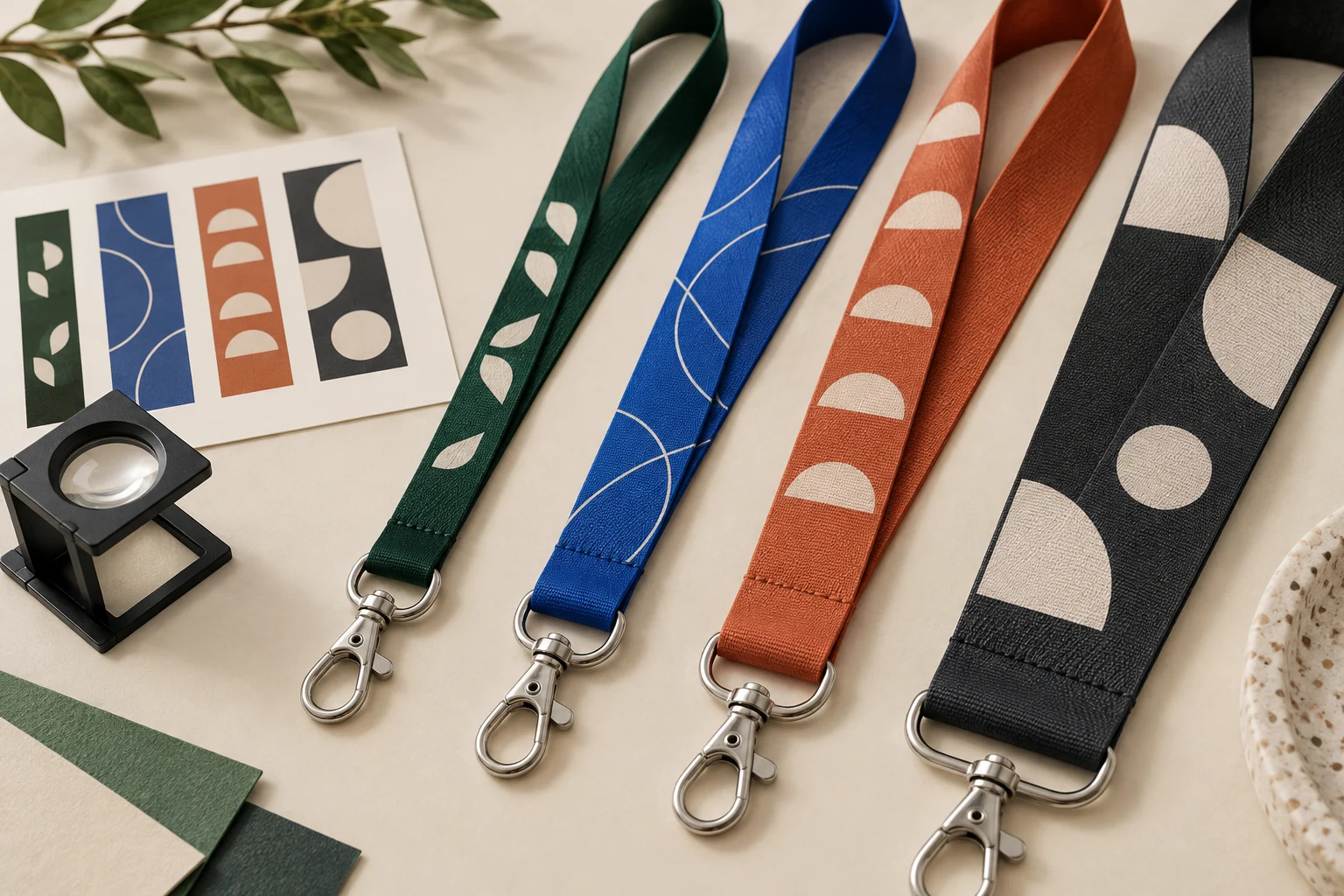 Illustrative lanyards in several widths with clips and print artwork