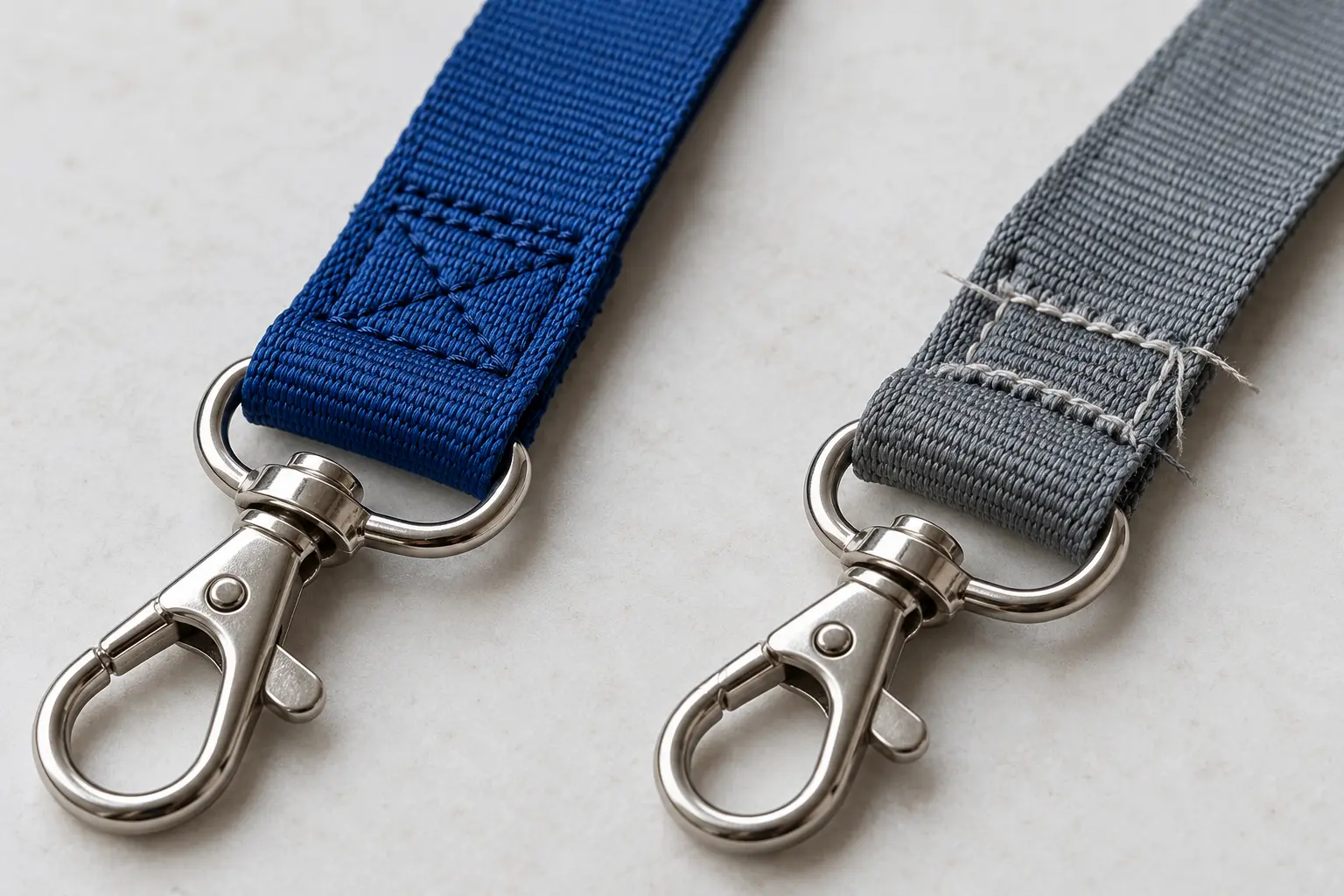 Close comparison of one neat stitched lanyard end and one loose uneven stitch