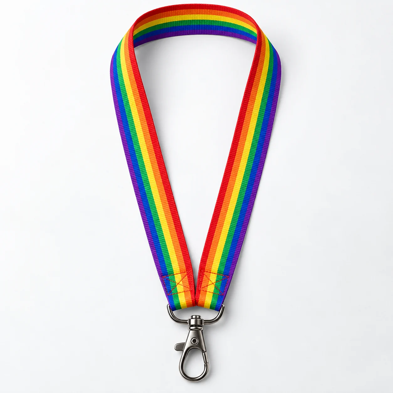 Illustrative Rainbow Pride LGBTQ lanyard with a rainbow polyester strap and metal swivel hook
