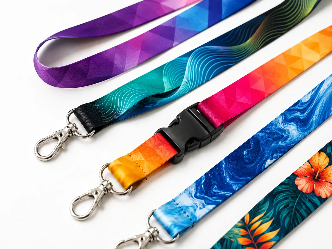 Printed neck lanyard samples showing stitched clip ends and a detachable buckle