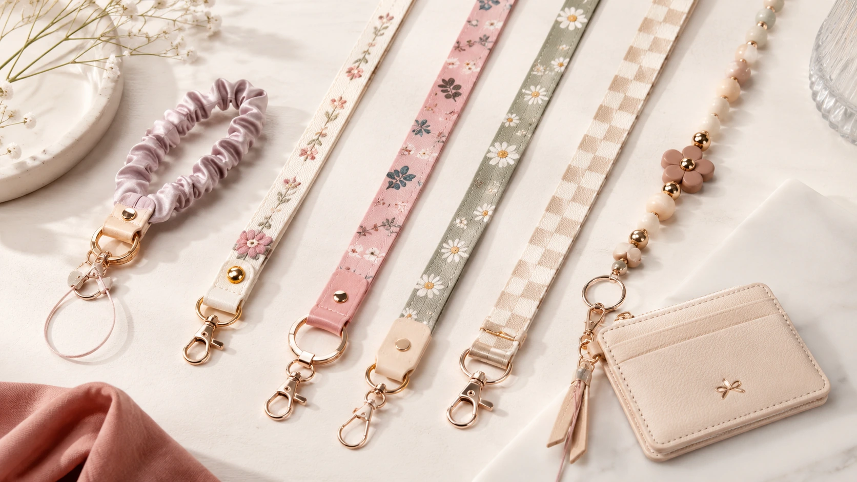 Cute lanyards with floral pastel beaded and wristlet styles