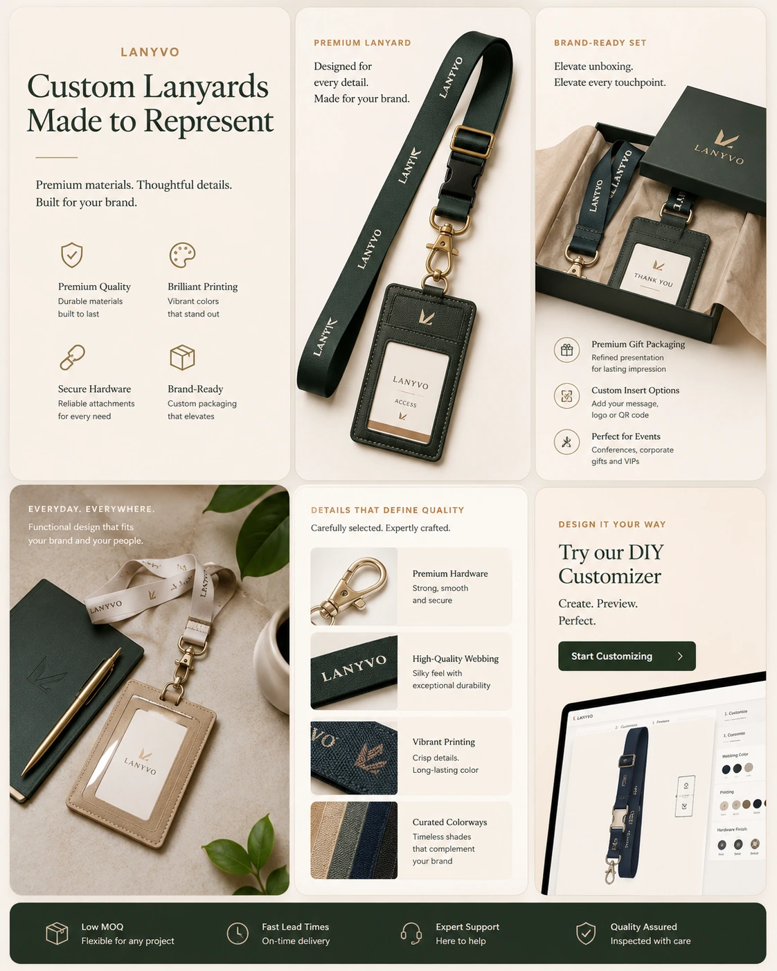 Premium custom lanyard display showing badge holder, packaging details, hardware details and the DIY customizer concept.